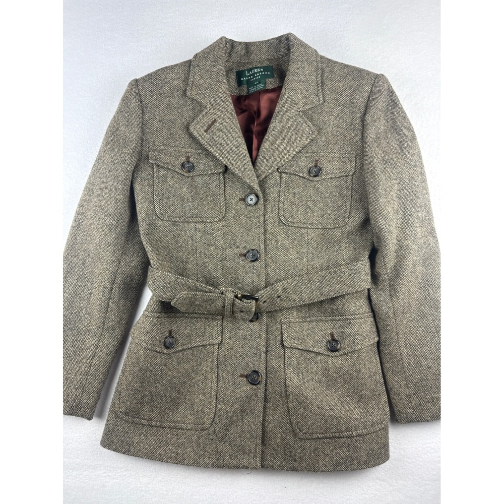 Vintage Lauren Ralph Lauren Brown Tweed Belted Safari Lambswool Jacket 6P